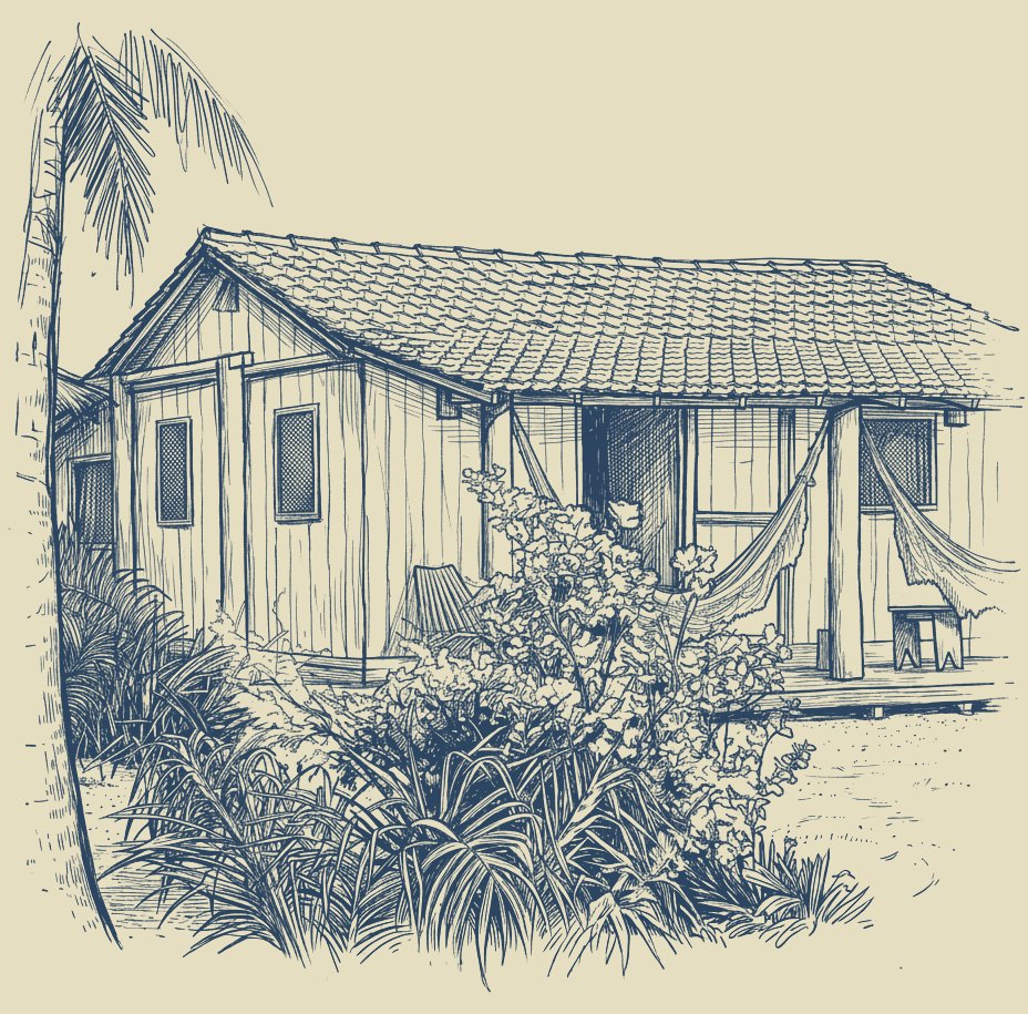 Ilustração a traço da cabana original de madeira, com redes na varanda, coqueiro e jardim