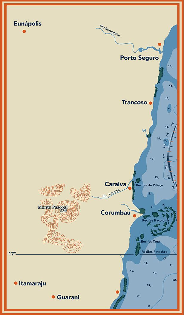 Mapa do litoral entre Porto Seguro e Corumbau, com Trancoso, Caraíva e Monte Pascoal